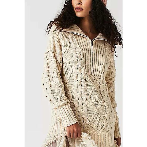 Free People Cable Knit Zipper Collared Cream Driftwood Sweater XS - Picture 1 of 4